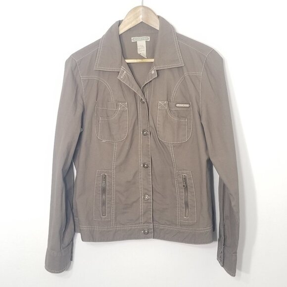 FINLHA Brown 100% Cotton Button Front Zipper Pockets Light Jacket Size Medium - Picture 1 of 10